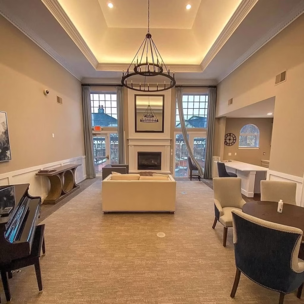 Event room with beige walls and coffered ceiling