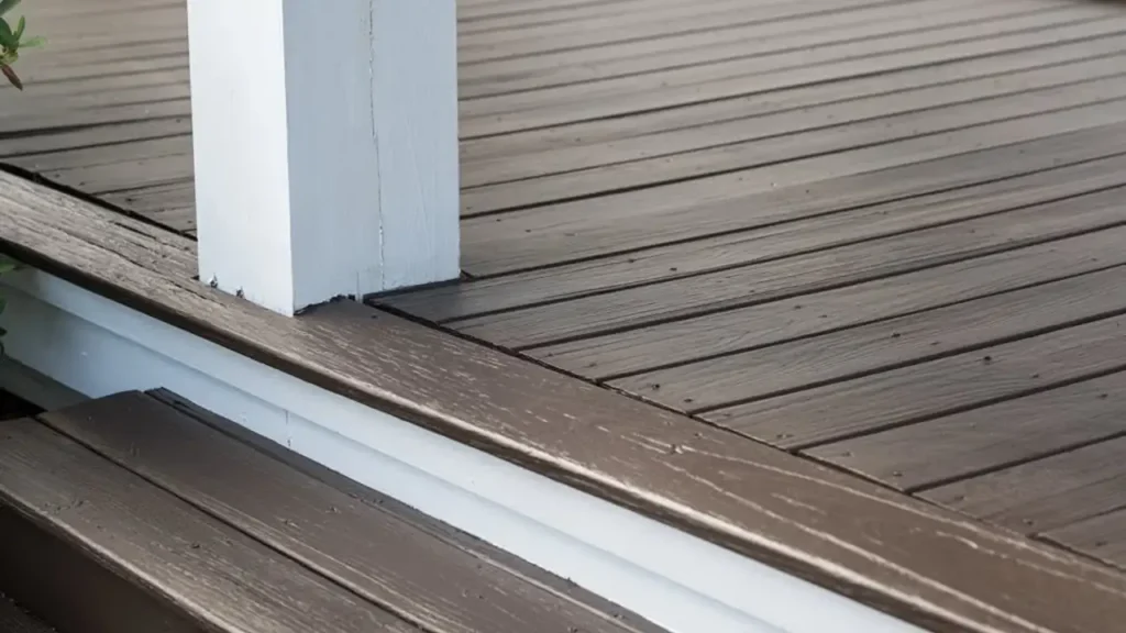 Freshly stained wood porch floor next to a white post