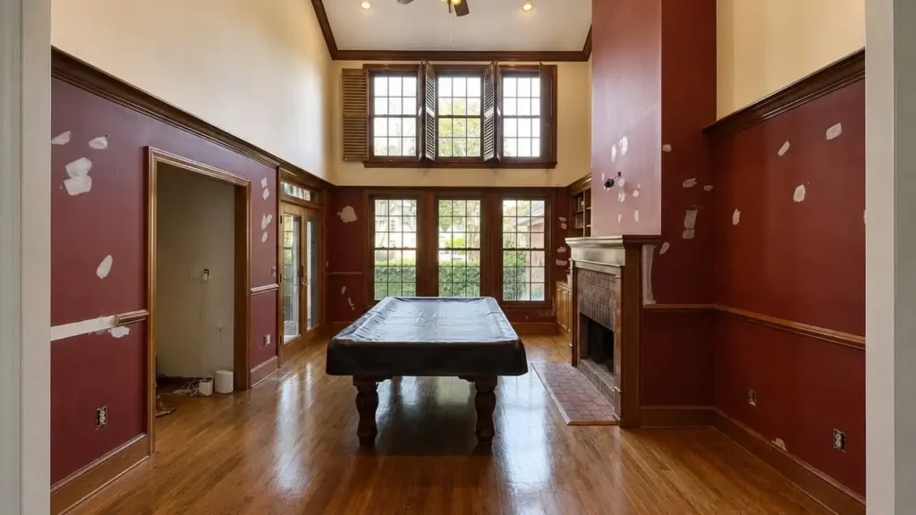 Game room with red walls and wood trim before repainting