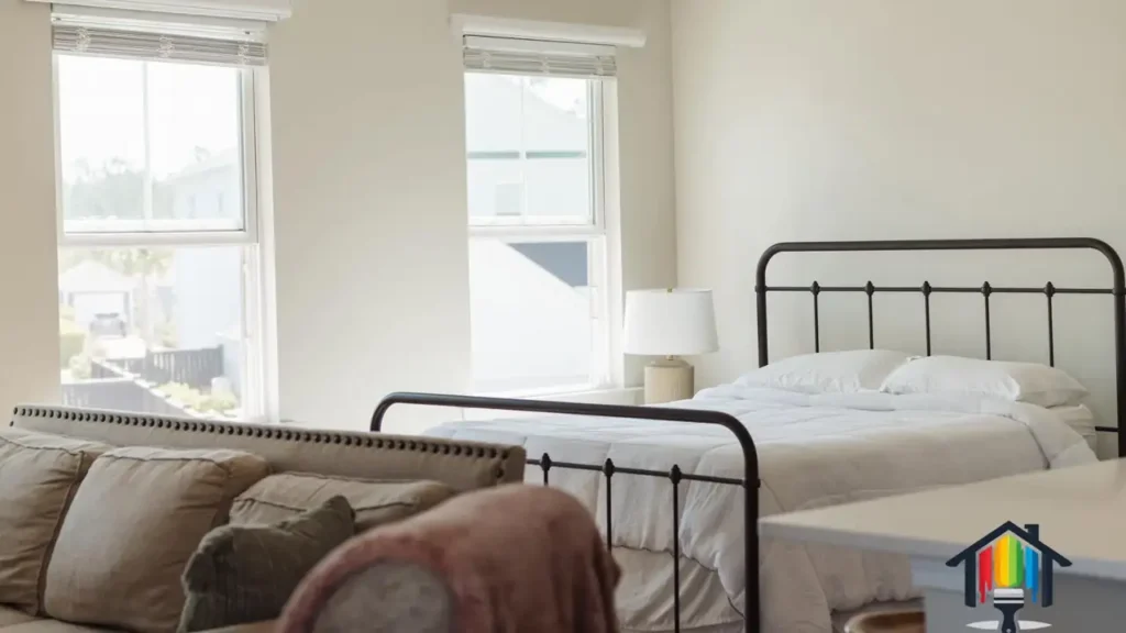 Bedroom with fresh white walls and a black iron bed frame