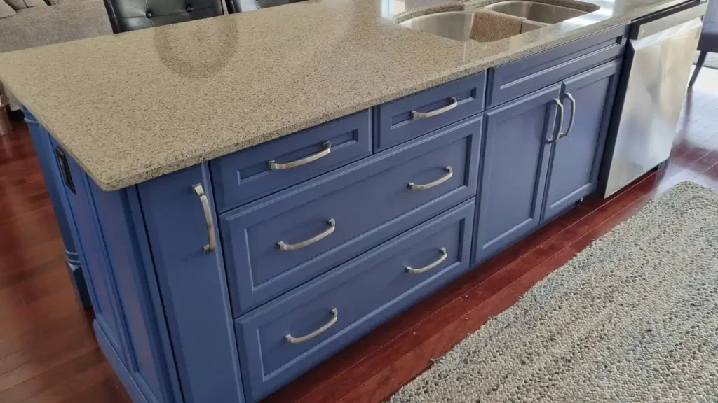 Kitchen island with navy blue painted cabinets