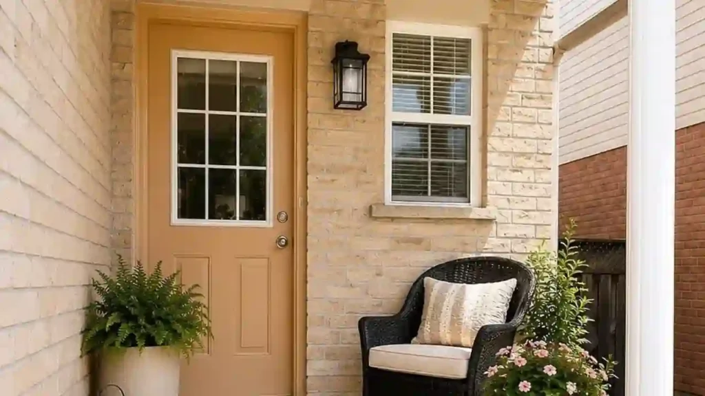 Front entry with a painted wood door and light brick walls